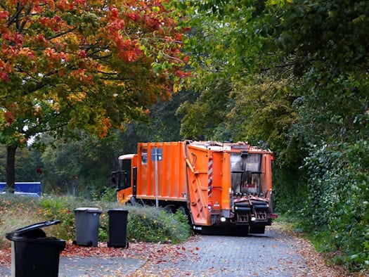 Ein orangefarbenes Müllfahrzeug fährt auf einem Weg unter bunt belaubten Herbstbäumen. Im Vordergrund stehen graue und schwarze Mülltonnen auf mit buntem Laub bedecktem Boden.