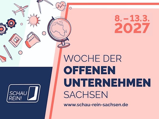 Werbegrafik für „SCHAU REIN! – Woche der offenen Unternehmen Sachsen“ vom 8. bis 13. März 2027. Rosa-blaue Gestaltung mit dem Initiativ-Logo, der Website-Adresse sowie gezeichneten Symbolen wie Flugzeug, Globus, Zahnrädern, Stethoskop und Stift.
