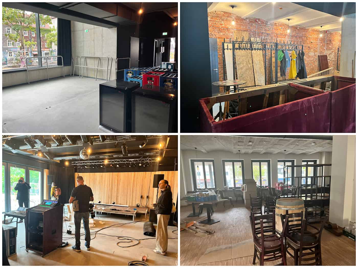 Erdgeschoss der Scheune Dresden mit Foyer, Garderobe und kleinem Veranstaltungssaal sowie Scheune-Café Collage aus vier Räumen des Erdgeschosses: Foyerbereich, Garderobe mit Backsteinwand, ein Veranstaltungssaal mit Licht- und Tontechnikern bei der Vorbereitung sowie der Gastronomiebereich mit Stühlen und Tischen.