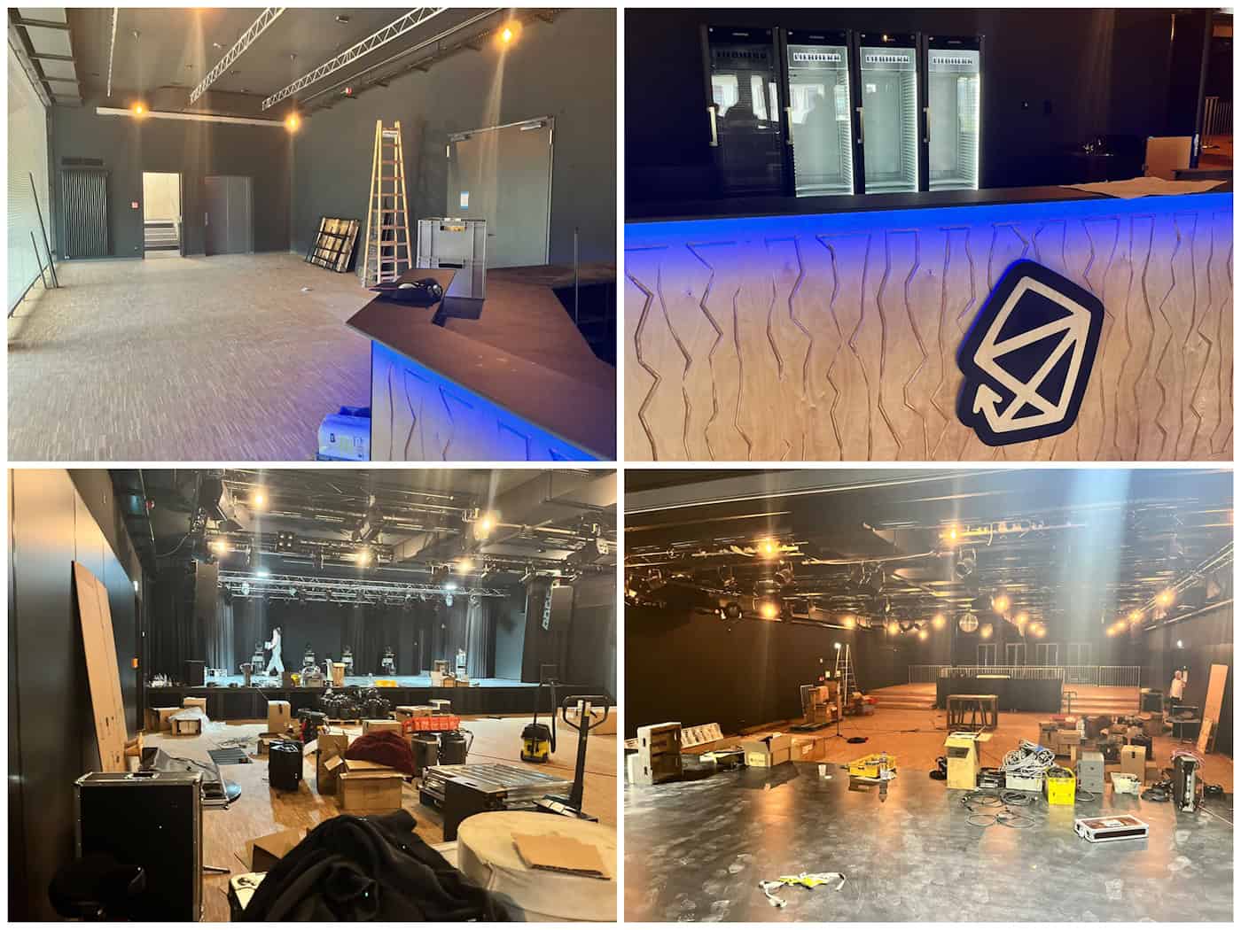 Neuer großer Konzertsaal und illuminierte Bar im 1. Obergeschoss der Scheune Dresden Vierer-Collage aus dem Konzertsaalgeschoss: Eingangsbereich, beleuchtete Bar mit Scheune-Logo sowie der große Veranstaltungssaal voller Technikkisten, Scheinwerfer an der Decke und Blick auf die Bühne.