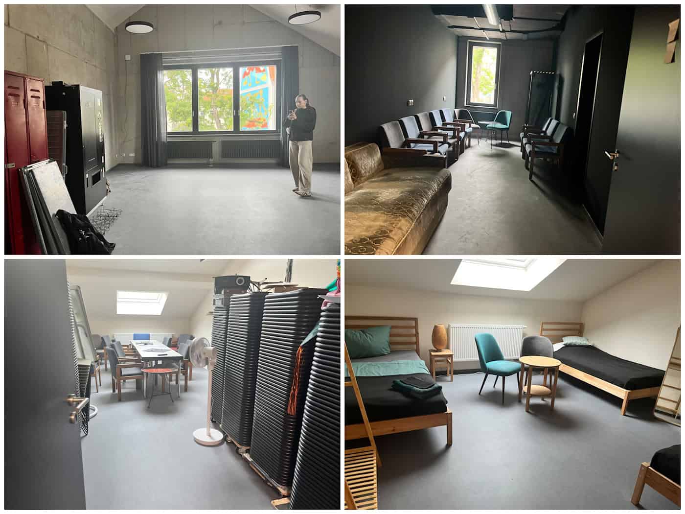 Obergeschoss der sanierten Scheune Dresden mit Seminarraum, Büro und Band-Apartment Vierer-Collage aus dem Obergeschoss der Dresdner Scheune: Ein lichter Seminarraum, eine dunkle Künstlerumkleide mit Sesseln, ein Büro sowie ein modern eingerichtetes Apartment mit zwei Holzbetten unter einer Dachschräge.