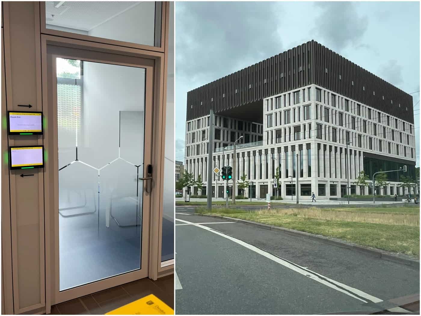 Zweigeteiltes Bild: Links eine Glastür mit Sichtschutzfolie und zwei digitalen Raumschildern (Raum E-106). Rechts die Außenansicht des modernen Dresdner Stadtforums an der Waisenhausstraße mit hellem Stein- und dunklem Obergeschoss unter grauem Himmel.