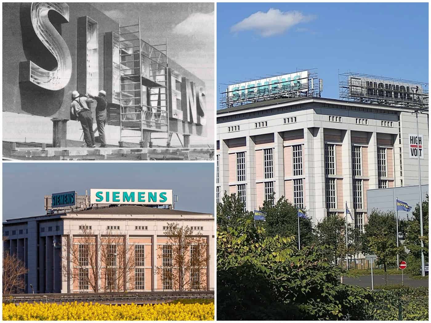 Dreiteilige Collage der Dresdner Hochspannungshalle: Links oben historische Siemens-Logo-Montage von 1992, links unten Ansicht mit Siemens-Schriftzug hinter Rapsfeld, rechts aktuelle Außenansicht mit neuem HIGHVOLT-Logo.