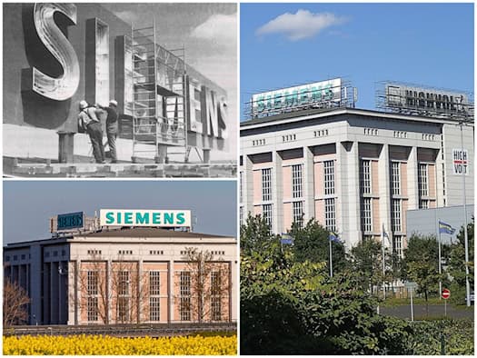 Dreiteilige Collage der Dresdner Hochspannungshalle: Links oben historische Siemens-Logo-Montage von 1992, links unten Ansicht mit Siemens-Schriftzug hinter Rapsfeld, rechts aktuelle Außenansicht mit neuem HIGHVOLT-Logo.