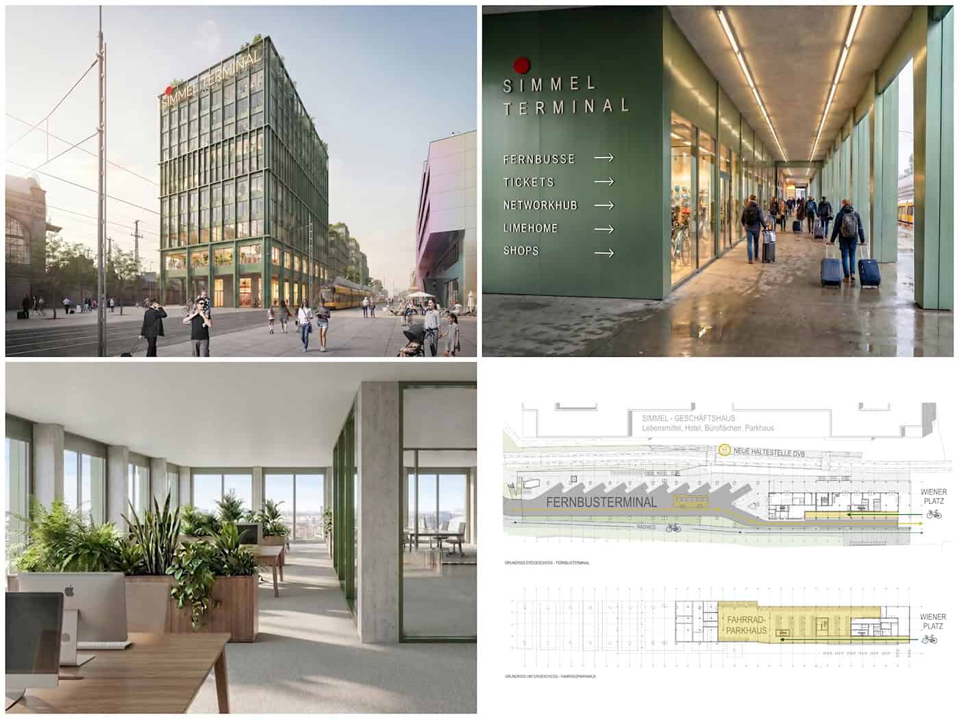 Collage aus vier Entwürfen zum Simmel Terminal: Außenansicht eines grünen Büroturms mit Straßenbahn, eine beleuchtete Innenpassage mit Reisenden, helle Büroräume mit Pflanzen und ein detaillierter Bauplan mit Fernbusbahnhof.
