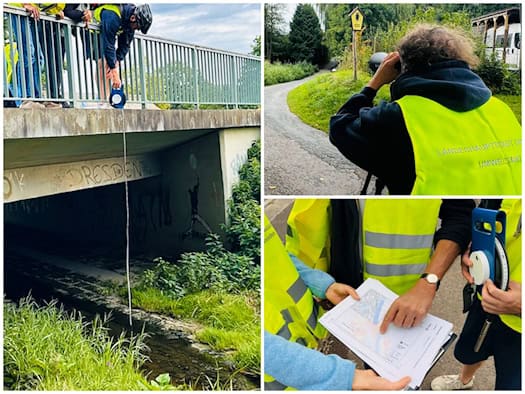 Dreiteilige Collage: Links senkt ein Helfer ein Lichtlot von einer Brücke ins Wasser. Rechts oben blickt eine Person in Warnweste durch ein Spektiv. Rechts unten prüfen zwei Personen in Gelbwesten eine analoge Landkarte und halten ein Lichtlot.