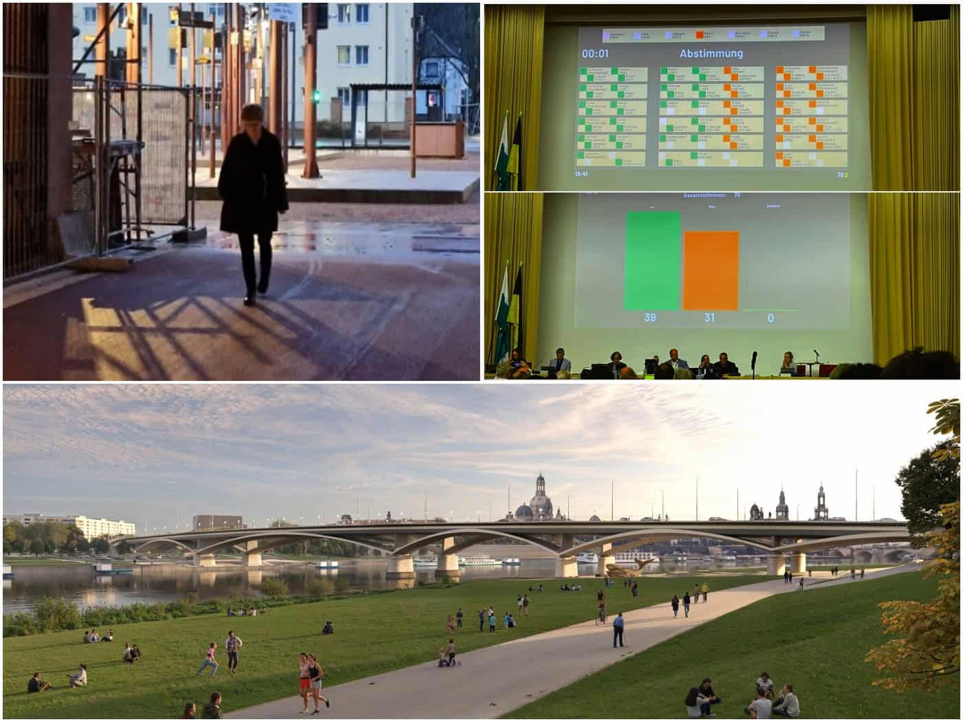 Dreiteilige Collage: Oben links geht Ursula Baus auf einem Gehweg. Oben rechts zeigt eine Leinwand das Abstimmungsergebnis im Dresdner Stadtrat (39 zu 31). Unten eine Visualisierung der neuen Brücke über die Elbe mit der Dresdner Altstadt im Hintergrund.