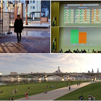 Dreiteilige Collage: Oben links geht Ursula Baus auf einem Gehweg. Oben rechts zeigt eine Leinwand das Abstimmungsergebnis im Dresdner Stadtrat (39 zu 31). Unten eine Visualisierung der neuen Brücke über die Elbe mit der Dresdner Altstadt im Hintergrund.