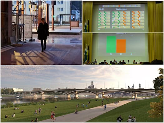 Dreiteilige Collage: Oben links geht Ursula Baus auf einem Gehweg. Oben rechts zeigt eine Leinwand das Abstimmungsergebnis im Dresdner Stadtrat (39 zu 31). Unten eine Visualisierung der neuen Brücke über die Elbe mit der Dresdner Altstadt im Hintergrund.