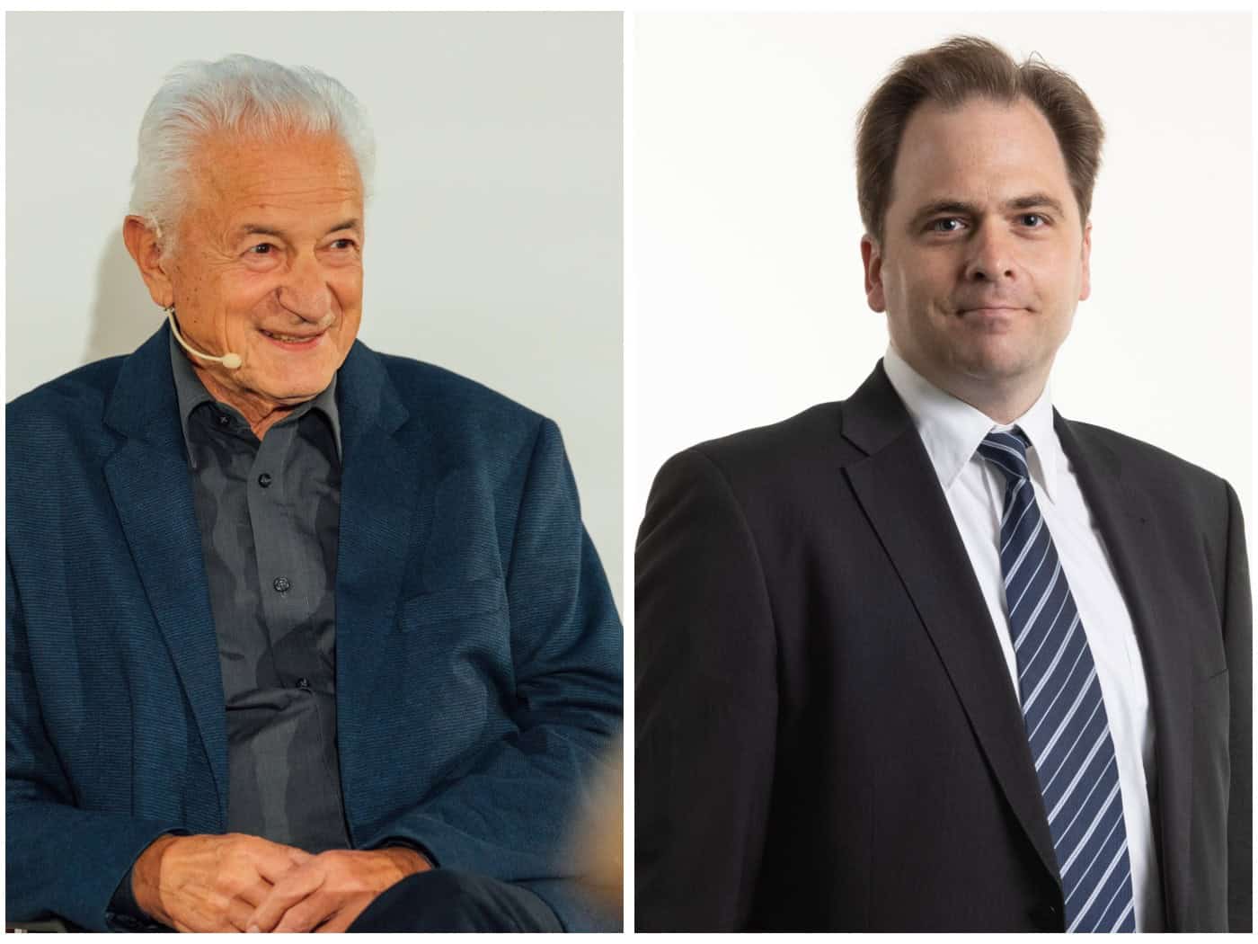 Zweiteilige Collage: Links der ältere Wiener Verkehrsplaner Hermann Knoflacher mit weißem Haar und blauem Sakko, rechts der TU-Professor Martin Tajmar im dunklen Anzug mit Krawatte vor weißem Hintergrund.