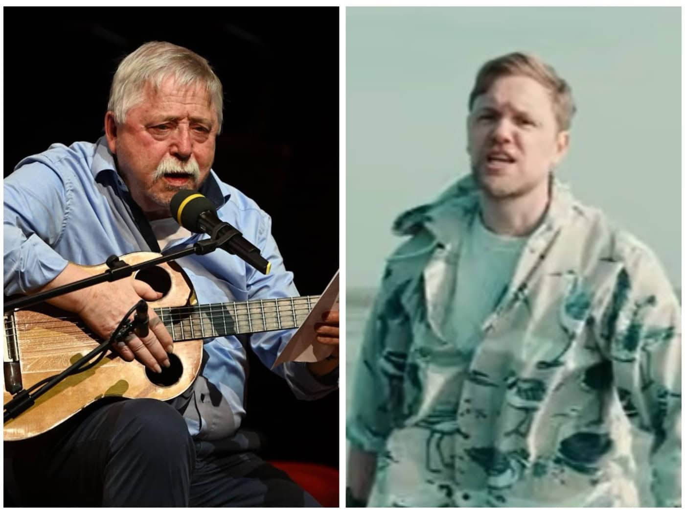Zweiteilige Collage: Links der Liedermacher Wolf Biermann mit Gitarre und Mikrofon, rechts der Rapper Juse Ju in einer gemusterten Jacke. Beide Künstler werden am Gedenktag der Friedlichen Revolution in Dresden geehrt.