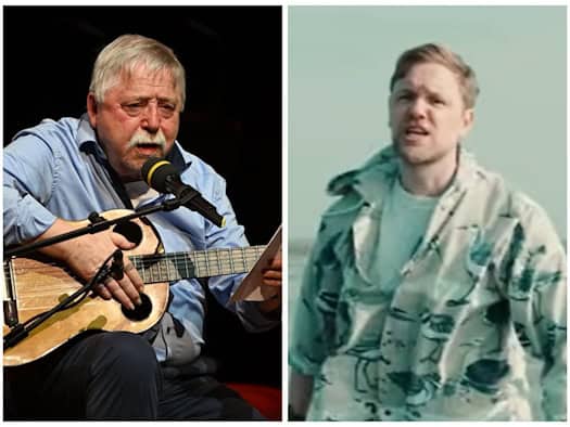 Zweiteilige Collage: Links der Liedermacher Wolf Biermann mit Gitarre und Mikrofon, rechts der Rapper Juse Ju in einer gemusterten Jacke. Beide Künstler werden am Gedenktag der Friedlichen Revolution in Dresden geehrt.