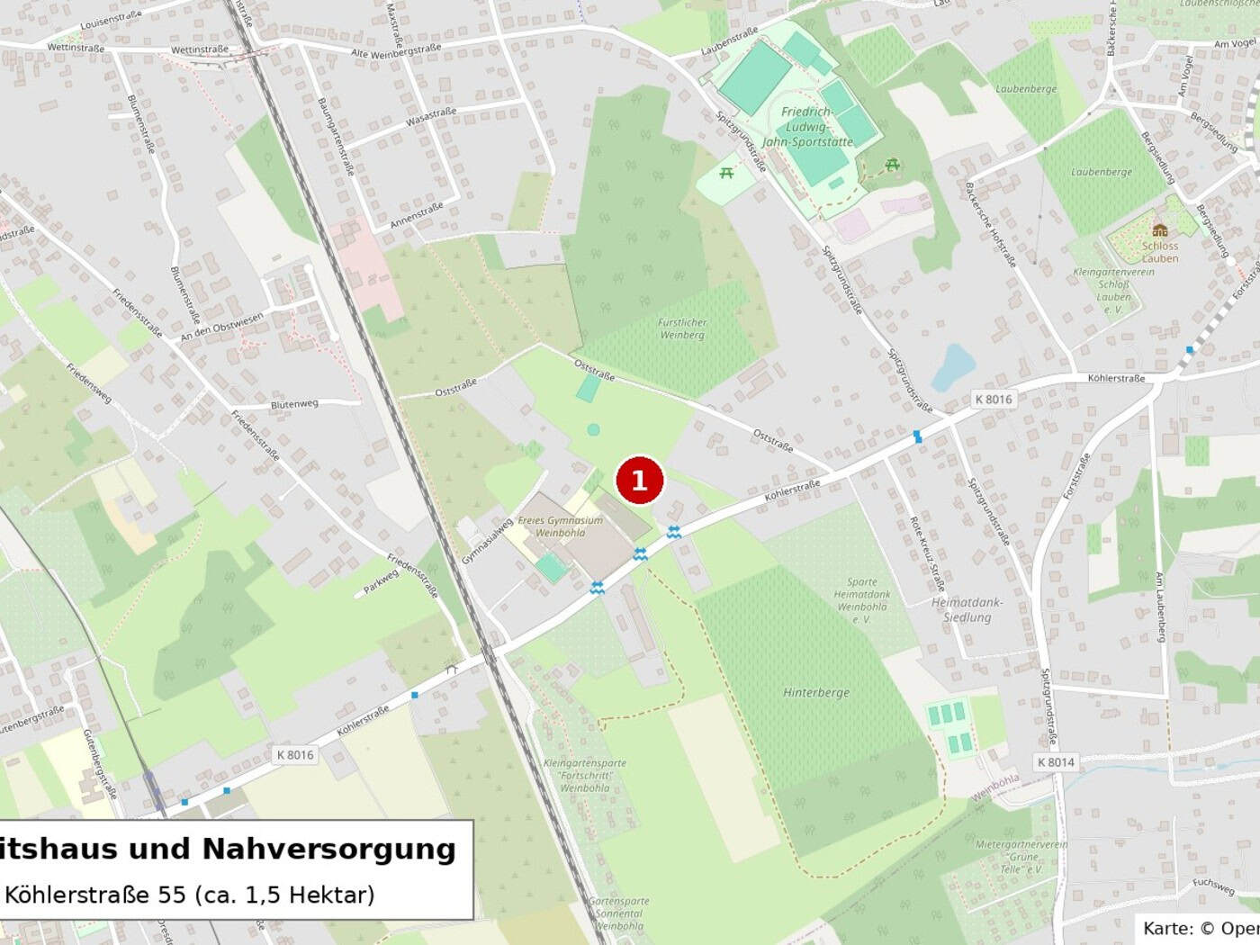 Stadtplan von Weinböhla mit roter Markierung an der Köhlerstraße neben dem Freien Gymnasium