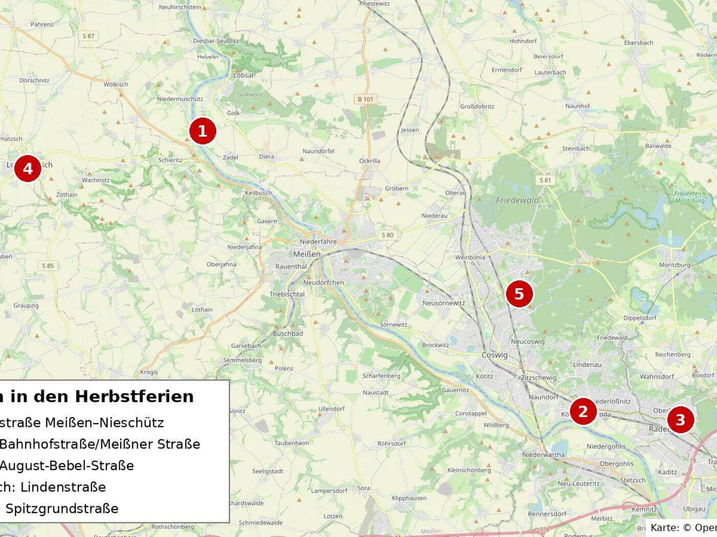 Landkarte des Elbtals zwischen Lommatzsch, Meißen und Radebeul mit fünf rot nummerierten Markierungen für Baustellen
