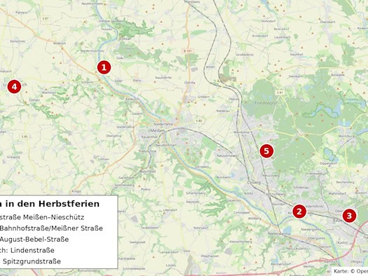 Landkarte des Elbtals zwischen Lommatzsch, Meißen und Radebeul mit fünf rot nummerierten Markierungen für Baustellen