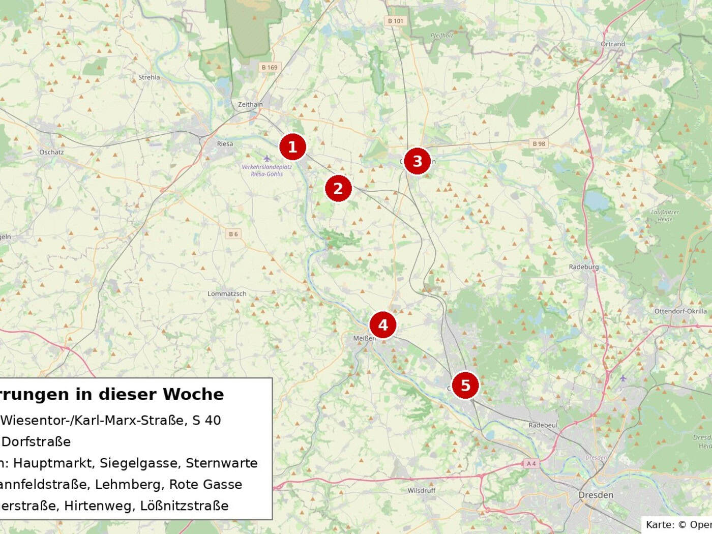 Landkarte des Landkreises Meißen zwischen Riesa, Großenhain und Coswig mit fünf rot nummerierten Markierungen für Baustellen