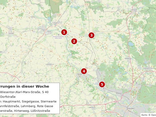 Landkarte des Landkreises Meißen zwischen Riesa, Großenhain und Coswig mit fünf rot nummerierten Markierungen für Baustellen