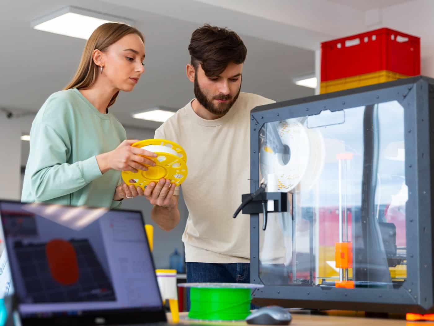Zwei Teilnehmende prüfen eine gelbe Filament-Spule am offenen 3D-Drucker, im Hintergrund Computer mit 3D-Software