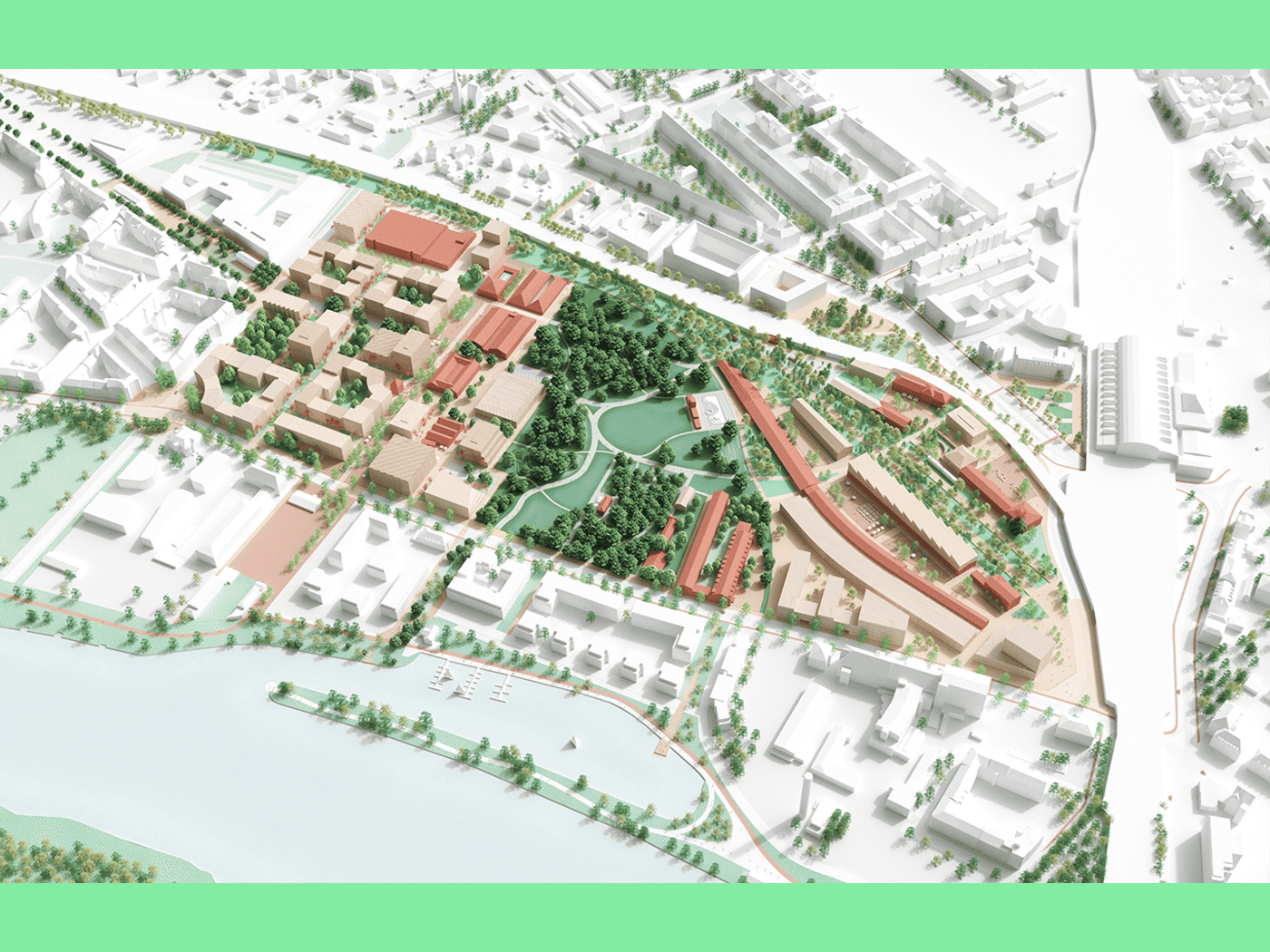 Architektonisches Modell (Axonometrie) des geebneten Areals am Alten Leipziger Bahnhof in Dresden mit geplanten Wohnblöcken, Grünflächen, dem zentralen Quartierspark und erhaltenen Gebäuden der Eventspange.