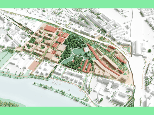 Architektonisches Modell (Axonometrie) des geebneten Areals am Alten Leipziger Bahnhof in Dresden mit geplanten Wohnblöcken, Grünflächen, dem zentralen Quartierspark und erhaltenen Gebäuden der Eventspange.