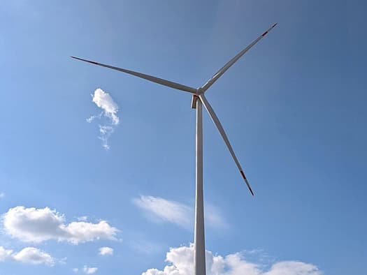 Weiße Windenergieanlage mit roten Markierungen an Turm und Rotorblättern vor blauem Himmel, unten Waldrand