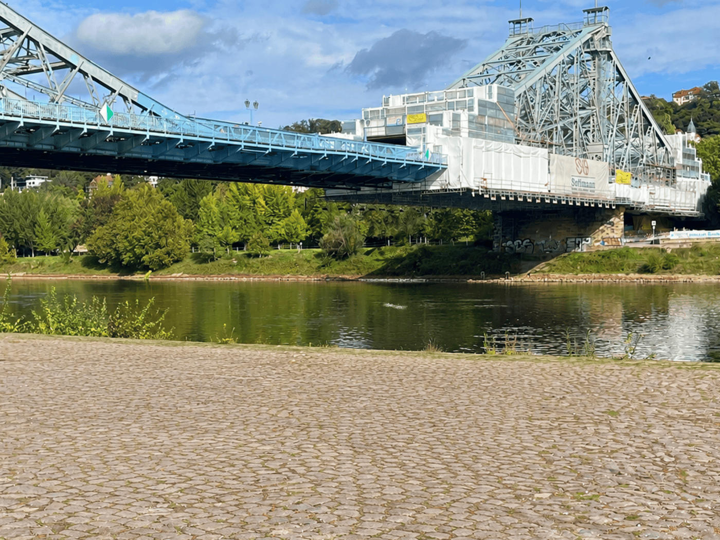 Die hellblaue Stahlkonstruktion des Blauen Wunders spannt sich über die Elbe; am rechten Ufer ist der Brückenpfeiler mit einer weißen Folien-Einhausung für die Sanierungsarbeiten verkleidet, im Vordergrund befindet sich gepflastertes Ufer.