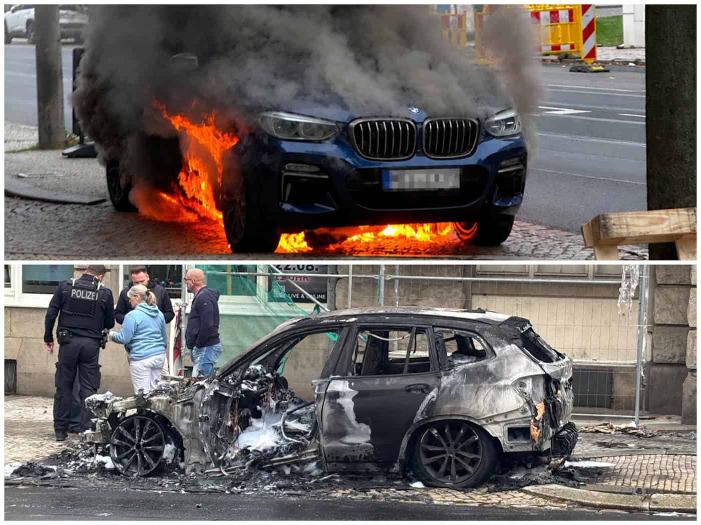 Vorher-Nachher-Vergleich des brennenden Autos auf dem Weißen Hirsch in Dresden Zweiteilige Collage: Oben brennt die Front eines blauen BMWs mit heftigen Flammen und schwarzem Rauch auf der Straße; unten steht das ausgebrannte Autowrack vor einer Baustelle, während Polizisten mit Zeugen sprechen.