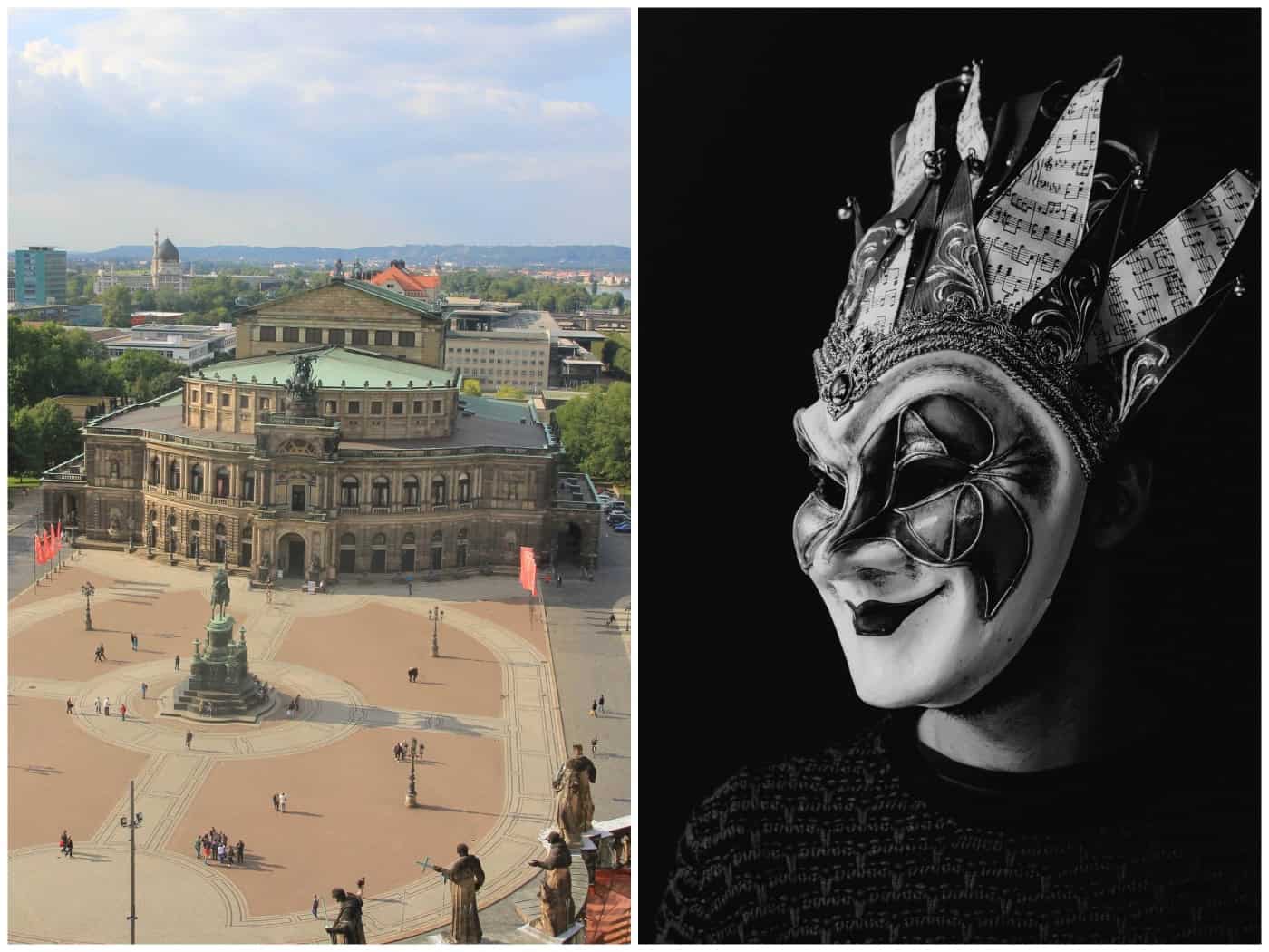 Zweiteilige Foto-Collage: Links eine Vogelperspektive auf den Dresdner Theaterplatz mit der Semperoper. Rechts ein Schwarz-Weiß-Porträt des Techno-Produzenten Boris Brejcha mit seiner verzierte Narrenmaske im venezianischen Stil vor schwarzem Hintergrund.
