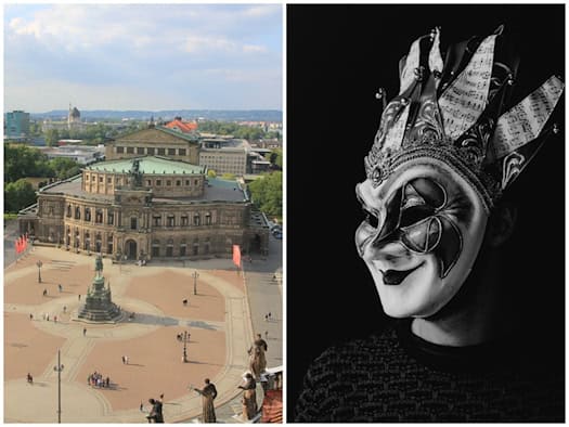 Zweiteilige Foto-Collage: Links eine Vogelperspektive auf den Dresdner Theaterplatz mit der Semperoper. Rechts ein Schwarz-Weiß-Porträt des Techno-Produzenten Boris Brejcha mit seiner verzierte Narrenmaske im venezianischen Stil vor schwarzem Hintergrund.