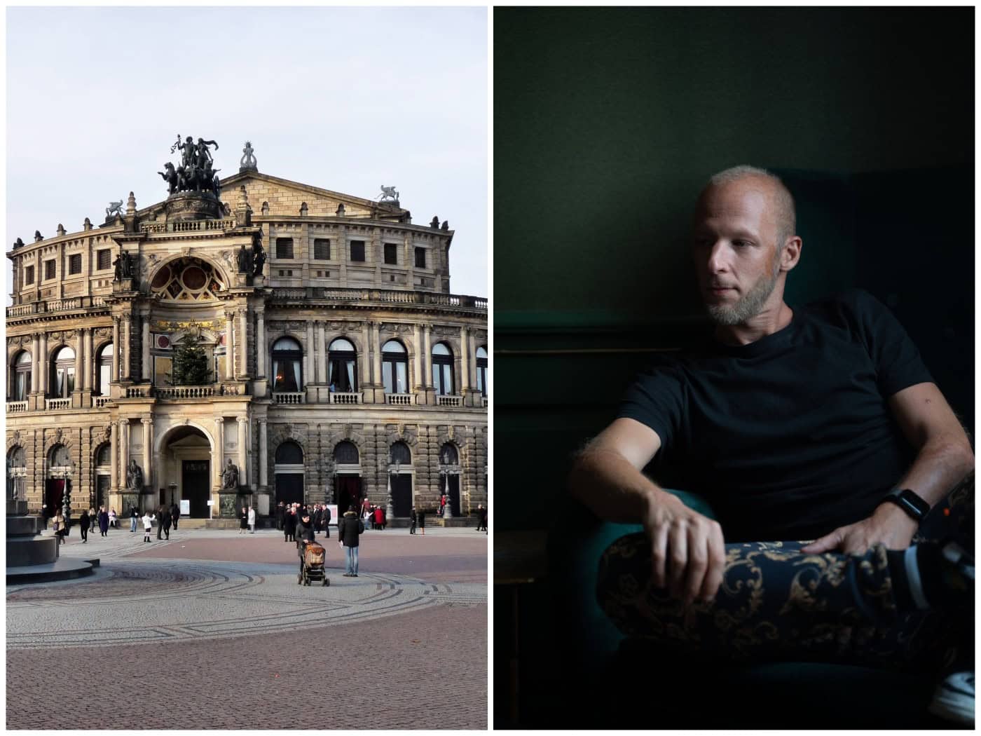 Zweiteilige Collage: Links die historische Fassade der Semperoper auf dem Dresdner Theaterplatz mit Passanten. Rechts ein Porträt des Techno-DJs Boris Brejcha ohne Maske in einem schwarzen T-Shirt, der nachdenklich in einem Sessel sitzt.