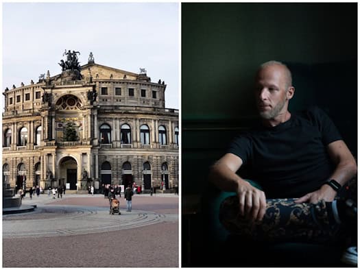 Zweiteilige Collage: Links die historische Fassade der Semperoper auf dem Dresdner Theaterplatz mit Passanten. Rechts ein Porträt des Techno-DJs Boris Brejcha ohne Maske in einem schwarzen T-Shirt, der nachdenklich in einem Sessel sitzt.