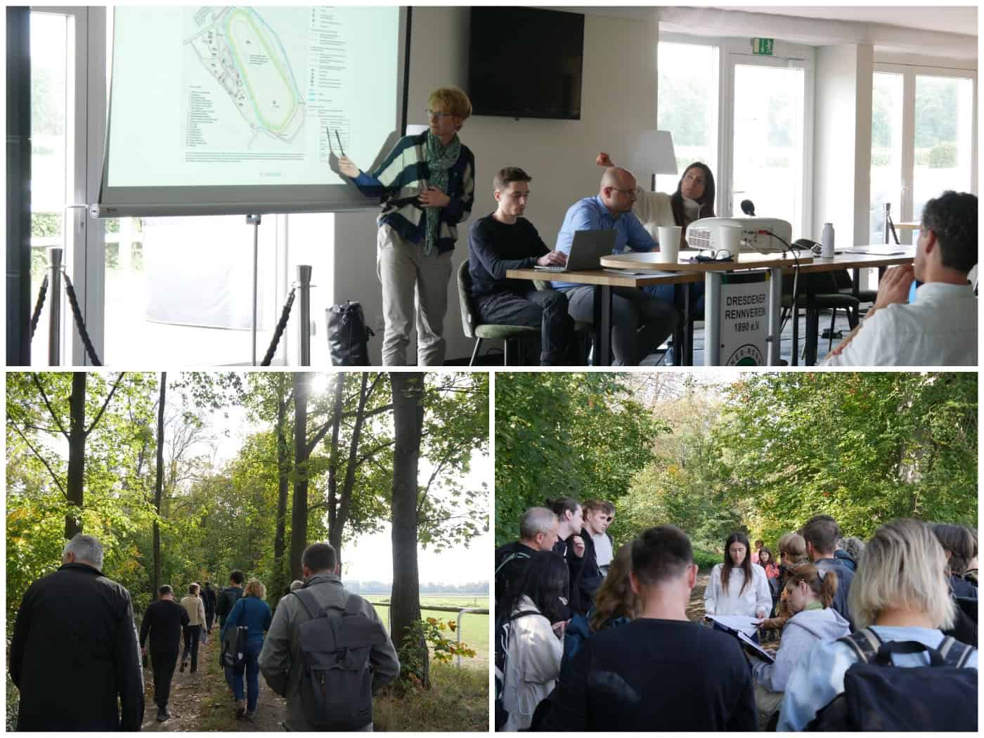 Dreiteiliges Collage-Bild: Oben präsentiert eine Frau Pläne vor einer Gruppe in einem Raum. Unten links geht eine Gruppe Architekten durch ein waldiges Areal an der Galopprennbahn, unten rechts besprechen Teilnehmer die Entwürfe im Freien.