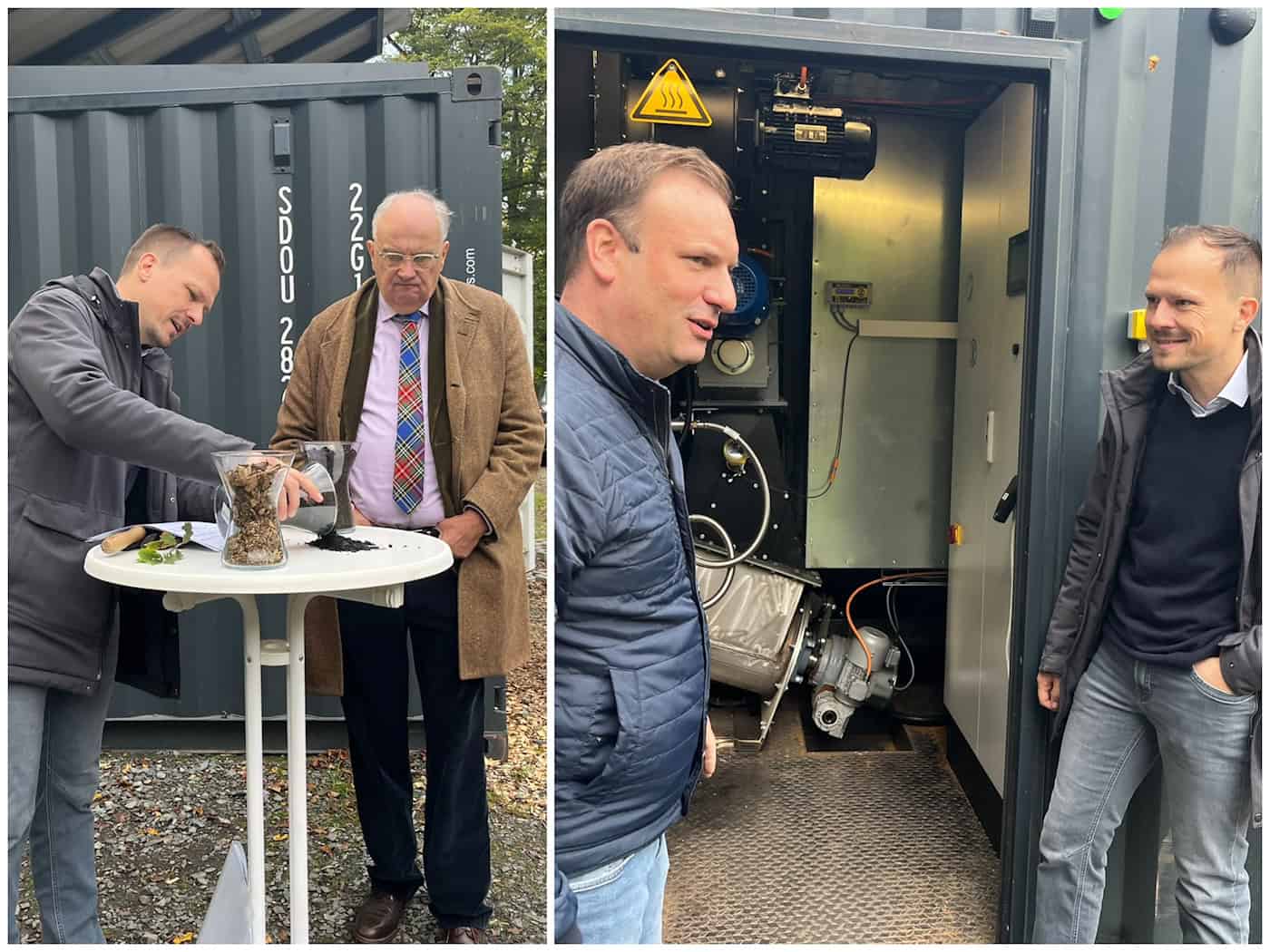 Pflanzenkohle aus Restholz im Großen Garten Dresden Collage: Links mischen Claudius Wecke und Christian Striefler Holzhackschnitzel mit schwarzer Pflanzenkohle an einem Tisch. Rechts stehen Peter Illecker und Claudius Wecke vor dem geöffneten Container der Pyrolyseanlage.