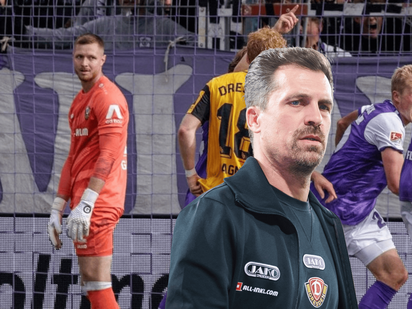 Dynamo-Torwart Lennart Grill blickt nach dem Ausgleich der Osnabrücker zurück, im Vordergrund steht Trainer Thomas Stamm mit ernster Miene