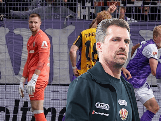 Dynamo-Torwart Lennart Grill blickt nach dem Ausgleich der Osnabrücker zurück, im Vordergrund steht Trainer Thomas Stamm mit ernster Miene