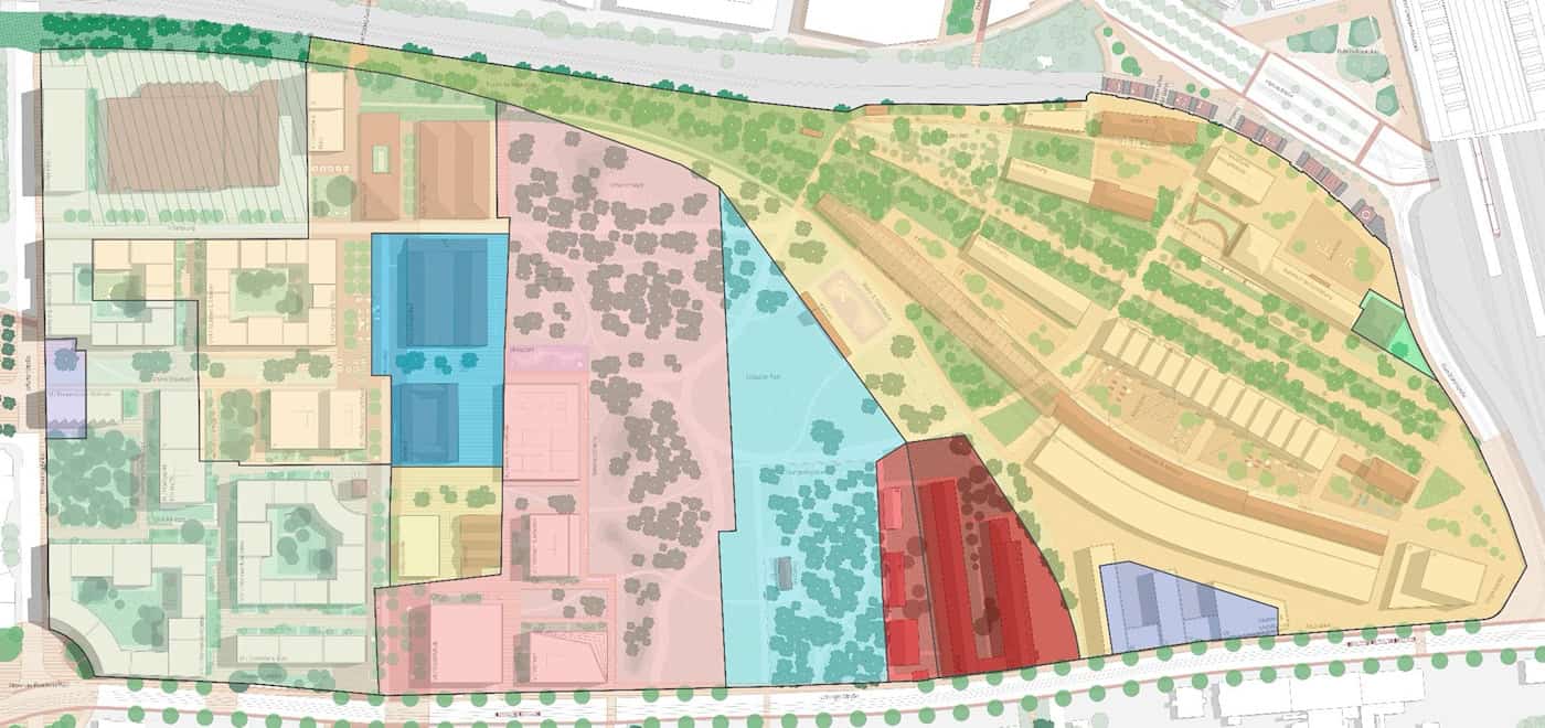 Dresden: Eigentumsverhältnisse und Gestaltungsplan für den Alten Leipziger Bahnhof Farbige Areal-Karte des Alten Leipziger Bahnhofs in Dresden aus der Vogelperspektive. Verschiedene Farbfelder in Rosa, Gelb, Blau und Rot markieren die unterschiedlichen Eigentumsverhältnisse überlagert mit den künftigen Baufeldern und Wegen des Gestaltungsplans.