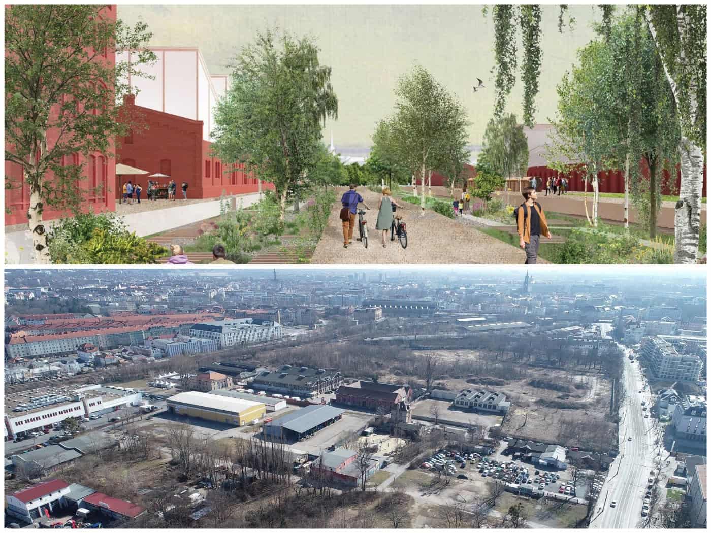 Zweiteilige Collage: Oben eine Zukunfts-Visualisierung von Kopperroth mit bepflanztem Boulevard und Spaziergängern. Unten eine Schrägluftaufnahme des derzeitigen Brachgeländes des Alten Leipziger Bahnhofs in Dresden.