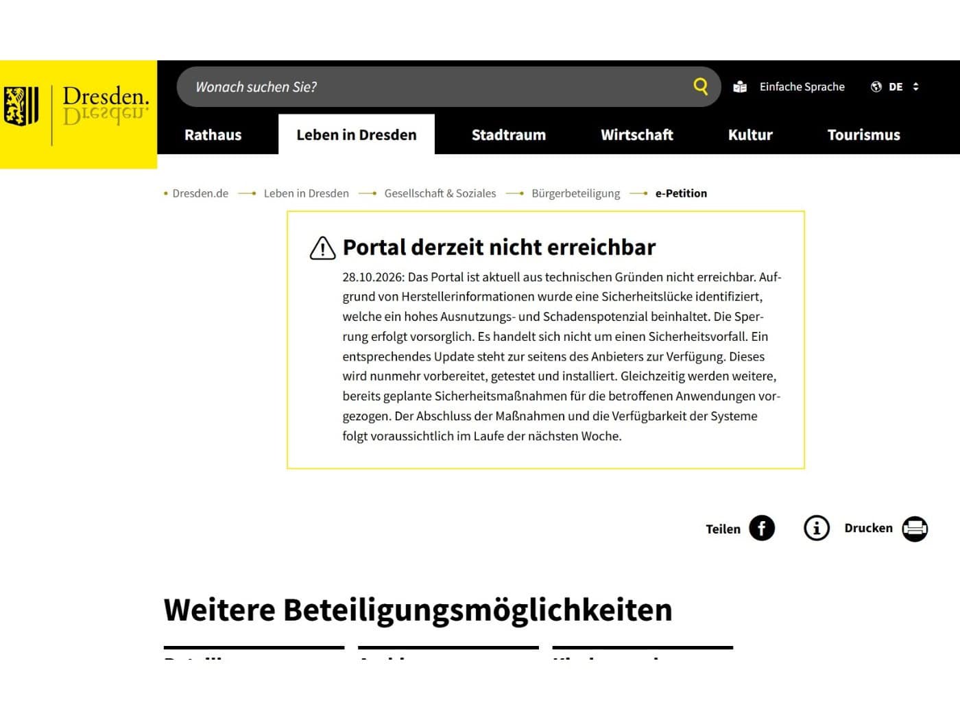 Screenshot der städtischen Website dresden.de im Bereich E-Petition. Ein gelb umrandetes Hinweisfeld vom 28.10.2026 informiert mit einem Warndreieck-Symbol über die vorübergehende Nichterreichbarkeit des Portals aufgrund einer vorsorglichen Sperrung.