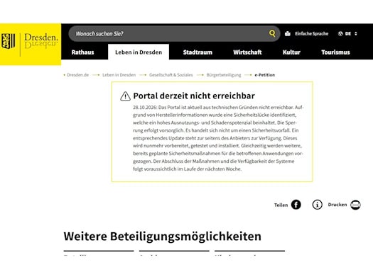 Screenshot der städtischen Website dresden.de im Bereich E-Petition. Ein gelb umrandetes Hinweisfeld vom 28.10.2026 informiert mit einem Warndreieck-Symbol über die vorübergehende Nichterreichbarkeit des Portals aufgrund einer vorsorglichen Sperrung.