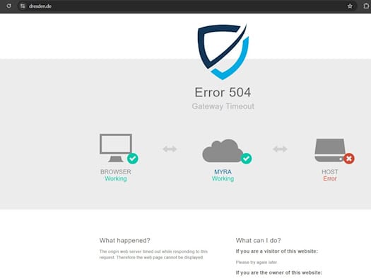Screenshot der Fehlermeldung auf dresden.de im Webbrowser mit der Anzeige „Error 504 Gateway Timeout“. Eine Grafik zeigt Browser und Myra als funktionsfähig, während der Host-Server rot als fehlerhaft („Error“) markiert ist.