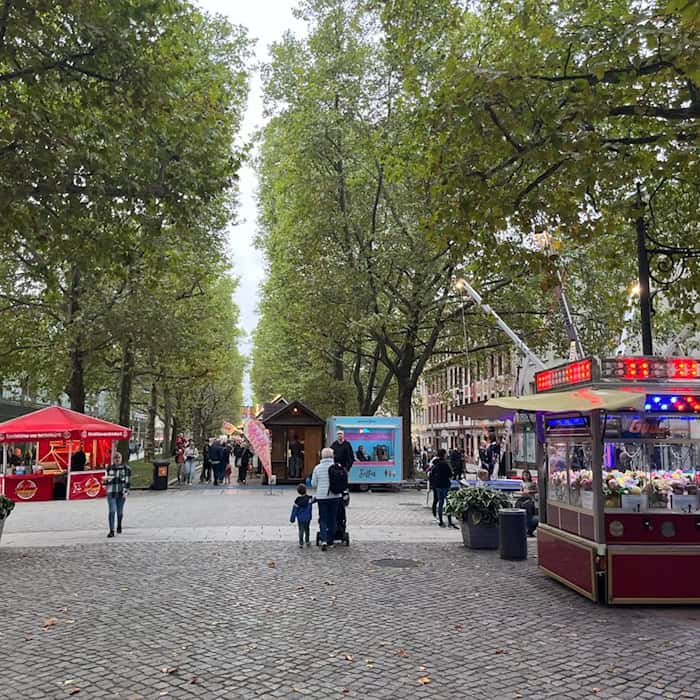 Blick über die von hohen Bäumen gesäumte Dresdner Hauptstraße während des Familienfestes. Auf dem Pflaster stehen bunte Verkaufsstände, Imbissbuden und ein beleuchteter Schaustellerwagen. Einige Passanten flanieren entlang der Allee.
