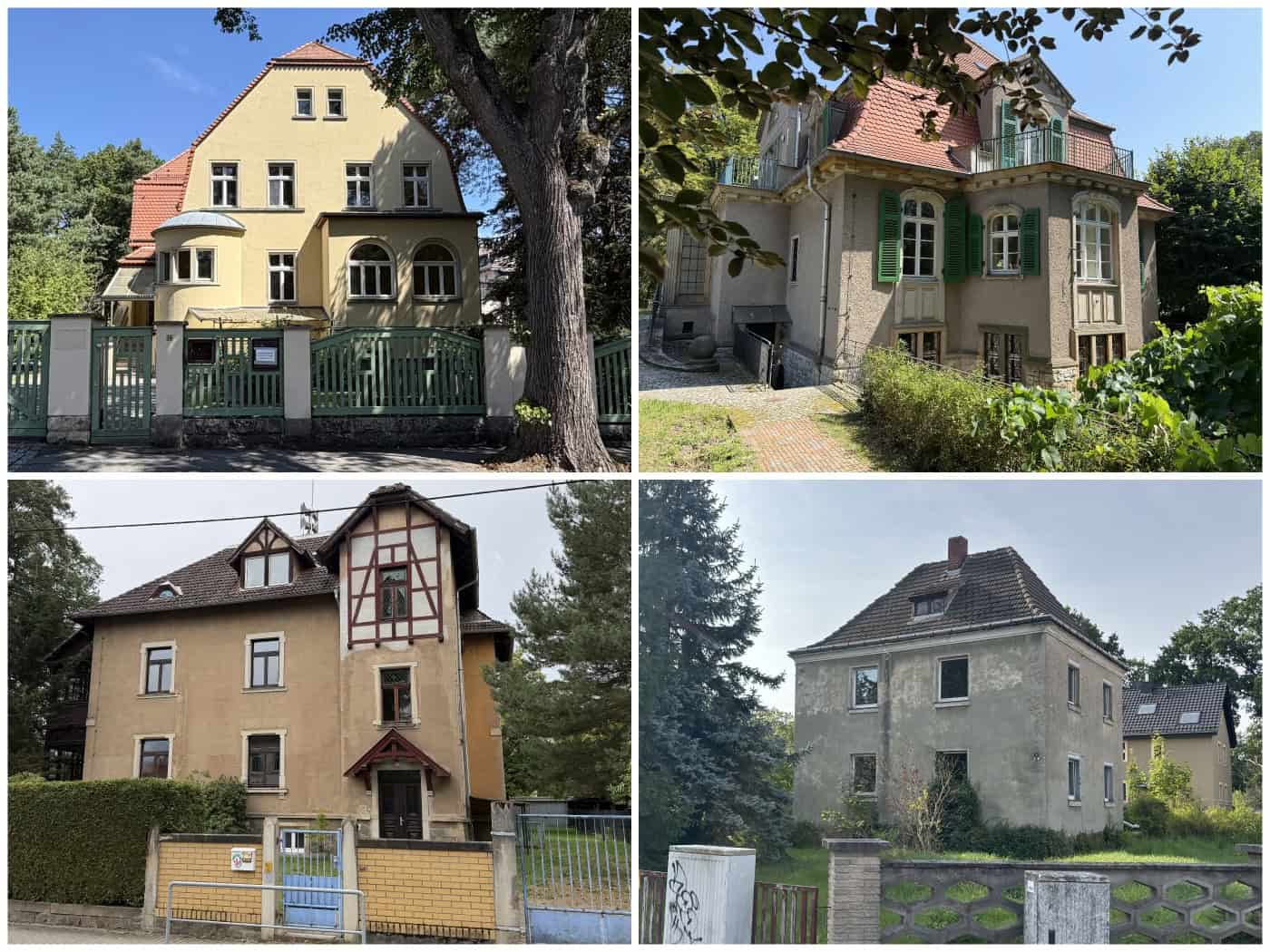 Vierteilige Foto-Collage vier städtischer Immobilien in Klotzsche und Langebrück: Oben zwei denkmalgeschützte Villen mit Garten, unten eine Jugendstil-Villa mit Fachwerkelementen sowie ein zweigeschossiges Einfamilienhaus hinter einer Zaunanlage.