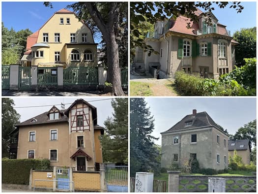 Vierteilige Foto-Collage vier städtischer Immobilien in Klotzsche und Langebrück: Oben zwei denkmalgeschützte Villen mit Garten, unten eine Jugendstil-Villa mit Fachwerkelementen sowie ein zweigeschossiges Einfamilienhaus hinter einer Zaunanlage.