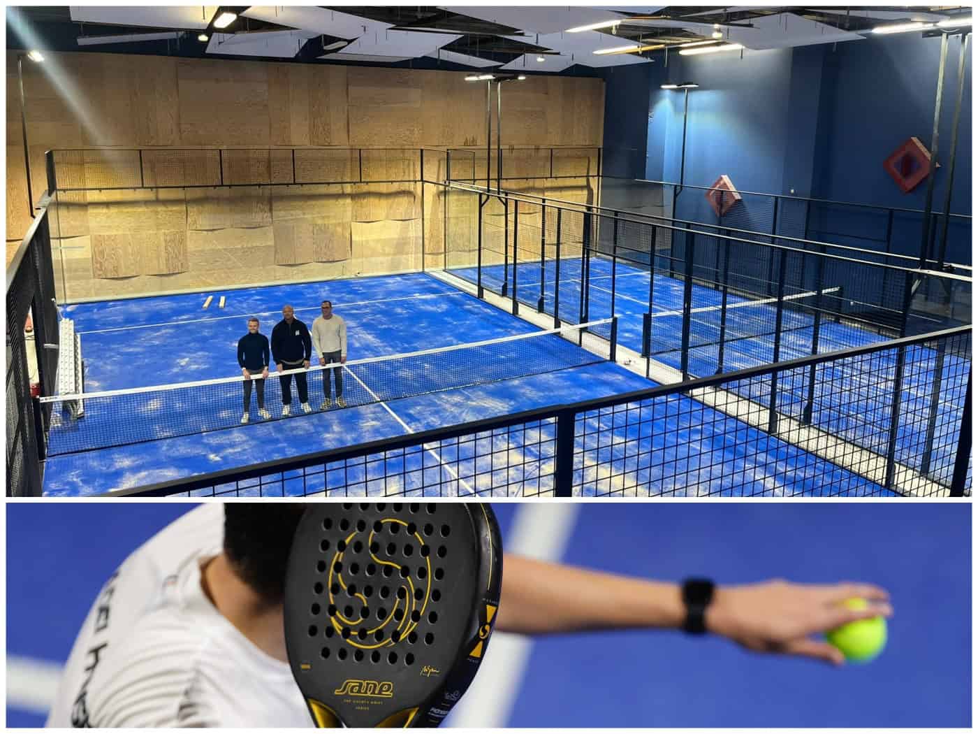 Zweiteilige Collage: Oben Übersicht über zwei blaue Indoor-Padel-Courts im alten Kinosaal mit Akustikplatten an der Decke und drei Personen am Netz. Unten Nahaufnahme eines Spielers mit schwarzem Padel-Schläger und gelbem Padel-Ball vor blauem Court-Boden.
