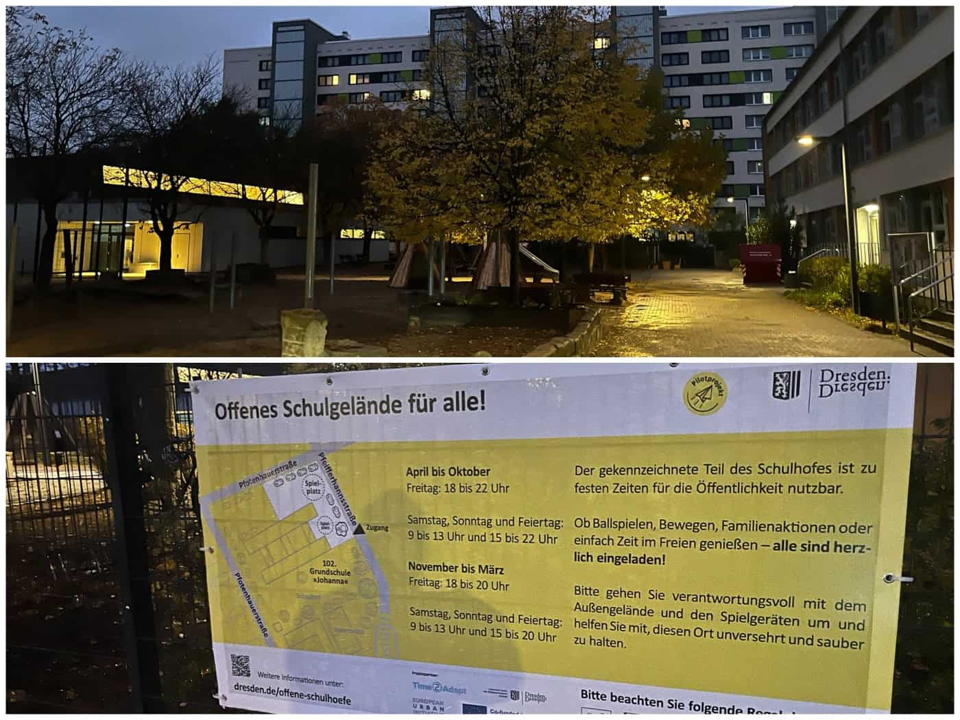 Zweiteilige Collage: Oben die Abendaufnahme des beleuchteten Schulhofs der 102. Grundschule vor Wohnblöcken. Unten ein Infoplakat mit der Aufschrift „Offenes Schulgelände für alle!“ sowie einem Lageplan und den Nutzungszeiten für Anwohner.