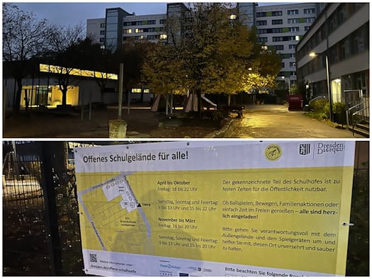 Zweiteilige Collage: Oben die Abendaufnahme des beleuchteten Schulhofs der 102. Grundschule vor Wohnblöcken. Unten ein Infoplakat mit der Aufschrift „Offenes Schulgelände für alle!“ sowie einem Lageplan und den Nutzungszeiten für Anwohner.