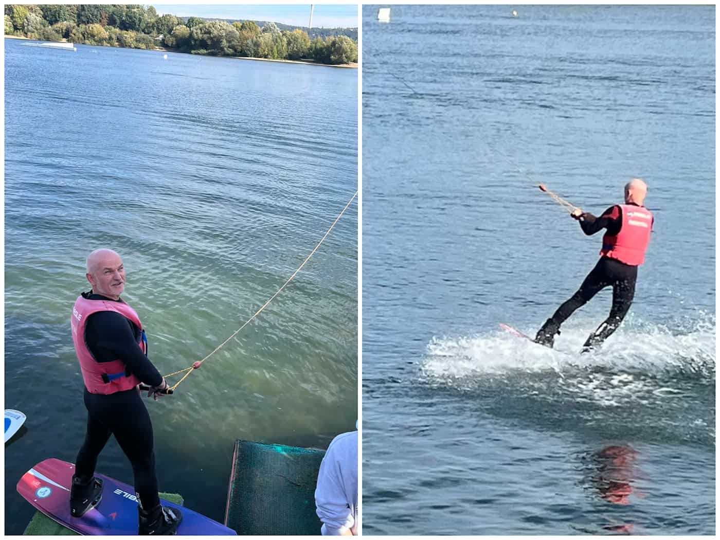 Zweigeteiltes Bild: Links steht Sportlehrer Torsten Helm in Neoprenanzug und roter Schwimmweste startbereit auf dem Wakeboard, rechts zieht er im Wasser Gischt hinter sich her.