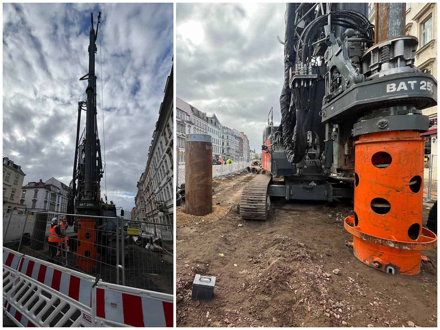DVB-Baustelle Königsbrücker Straße: Drehbohrgerät setzt 98 Pfähle für Unterwerk Zweiteilige Foto-Collage einer Baustelle an der Königsbrücker Straße in Dresden: Links steht ein hoher, schwarzer Bohrturm hinter Bauzäunen. Rechts ist der orangefarbene Bohrkopf eines Kettenfahrzeugs im Erdreich neben bereits gesetzten Rohren zu sehen.