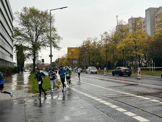 Zahlreiche Läuferinnen und Läufer in Sportbekleidung und mit Startnummern bewegen sich bei nassem Wetter auf einer gesperrten Straße fort. Am Straßenrand stehen herbstliche Bäume, ein gelbes Verkehrsschild und Autos im Hintergrund.