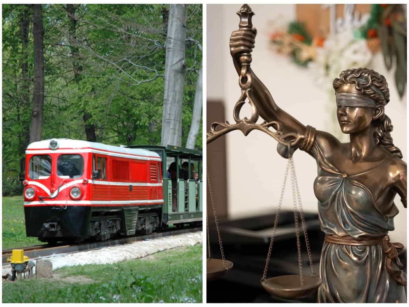 Fotocollage: Links fährt eine rot-weiße Miniatureisenbahn der Dresdner Parkeisenbahn im Park, rechts ist die Bronze-Statue der Justitia mit Waage und Augenbinde zu sehen.